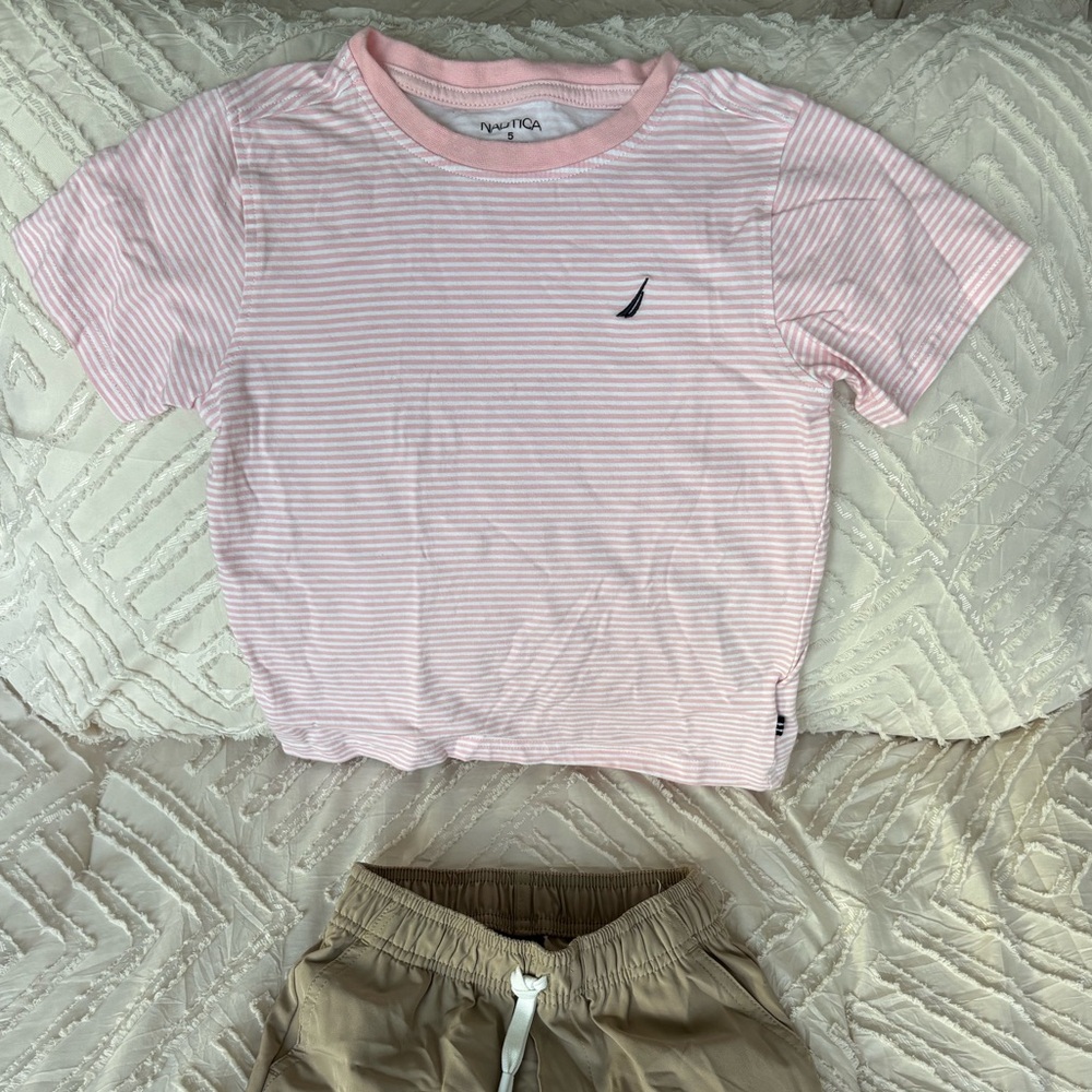 Nautica Pink and White Striped Tee & Beige Drawstring Shorts Set